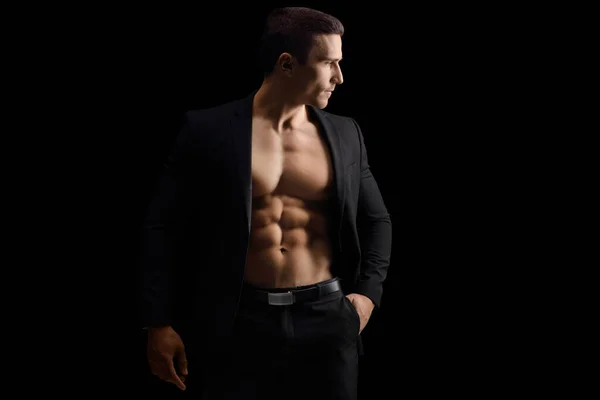 Male Model Suit Naked Torso Black Background — Stock Photo, Image