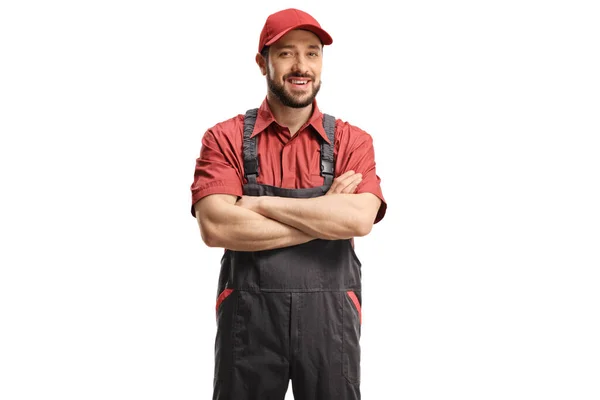 Mannelijke Werknemer Uniform Poseren Met Gekruiste Armen Geïsoleerd Witte Achtergrond — Stockfoto