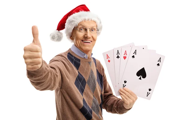 Elderly Man Santa Claus Hat Holding Four Aces Making Thumb — Stock Photo, Image