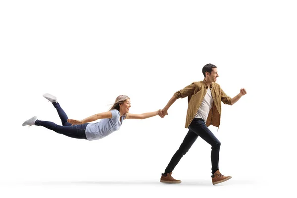 Full Length Profile Shot Casual Man Running Holding Woman His — Stock Photo, Image