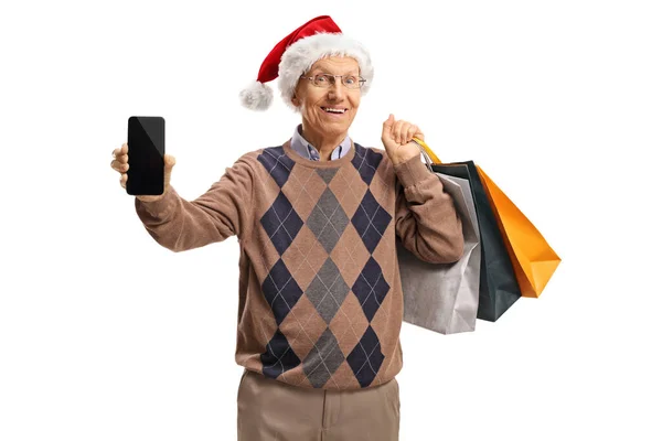 Signore Anziano Con Cappello Natale Babbo Natale Che Mostra Telefono — Foto Stock