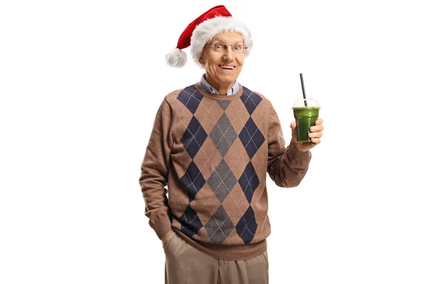 Homem Idoso Com Chapéu Papai Noel Segurando Uma Xícara Plástico — Fotografia de Stock