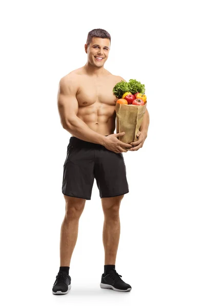 Handsome Young Man Posing Topless Holding Bag Healthy Food Isolated — Stock Photo, Image