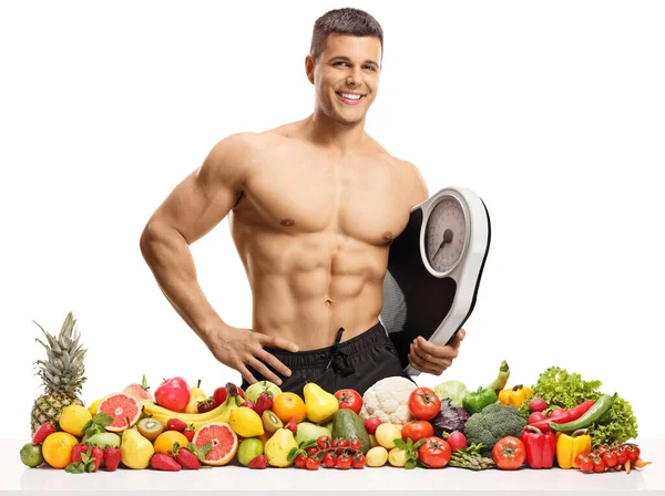 Fitness Male Model Holding Measuring Scale Fruits Vegetables Front Him — Stock Photo, Image