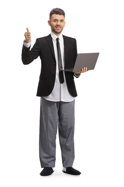 Full Length Portrait Young Modern Businessman Suit Pajamas Laptop Showing — Stock Photo, Image