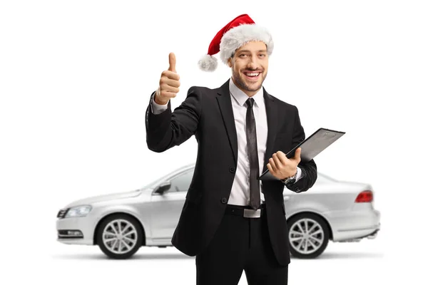 Man Silver Car Wearing Christmas Santa Claus Hat Showing Thumbs — Stock Photo, Image