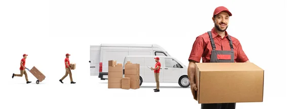 Trabajadores Cargando Cajas Una Furgoneta Blanca Una Parte Delantera Sosteniendo — Foto de Stock