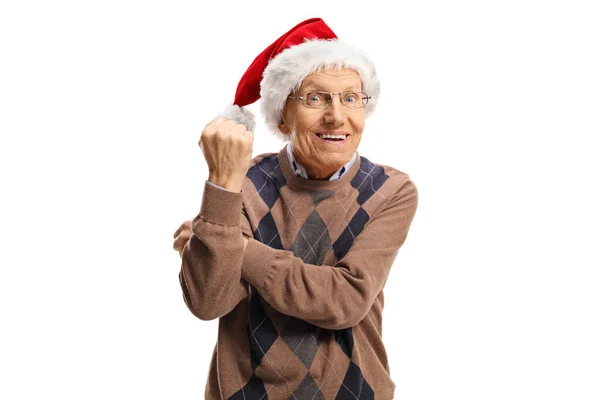 Funny Elderly Man Santa Claus Hat Gesturing Hands Isolated White — Stock Photo, Image