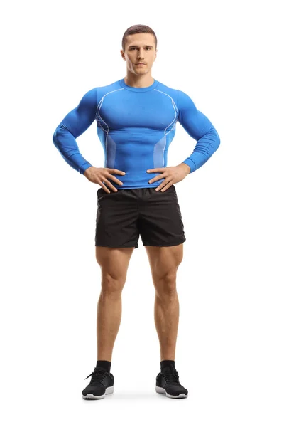 Full Längd Porträtt Muskulös Man Sportkläder Poserar Isolerad Vit Bakgrund — Stockfoto