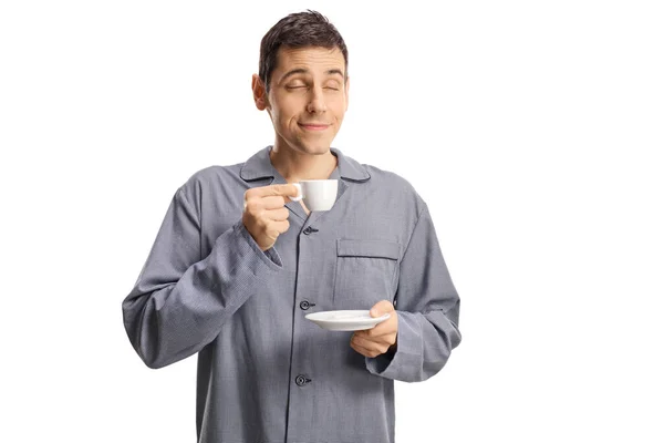 Homme Pyjama Réveillant Avec Une Tasse Café Expresso Isolé Sur — Photo