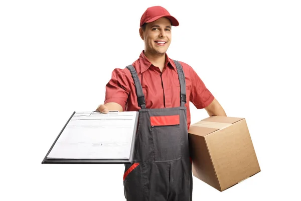 Delivery Worker Uniform Holding Clipboard Invoice Cardboard Box Isolated White — Stock Photo, Image