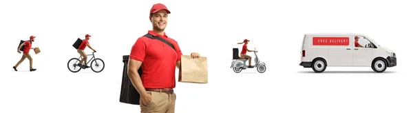 Food Delivery Service Met Mensen Leveren Afhaalmaaltijden Geïsoleerd Witte Achtergrond — Stockfoto