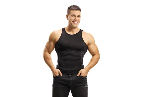 Muskulöser Junger Mann Schwarzem Ärmellosen Oberteil Der Isoliert Auf Weißem — Stockfoto