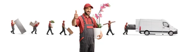 Mensajero Con Una Maceta Flores Orquídea Señalando Pulgares Hacia Arriba —  Fotos de Stock