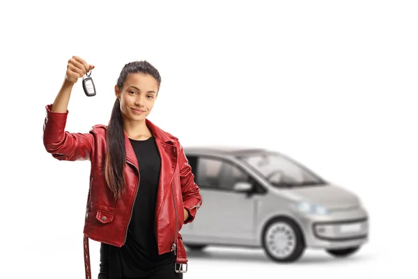 Young Female Driver Small Urban Car Holding Key Isolated White — Stock Photo, Image