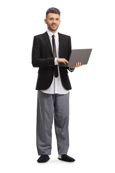 Full Length Portrait Businessman Suit Pajamas Standing Working Laptop Isolated — Stock Photo, Image