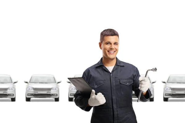 Auto Repair Mechanic Worker Many Cars Tool His Hand Isolated — Stock Photo, Image