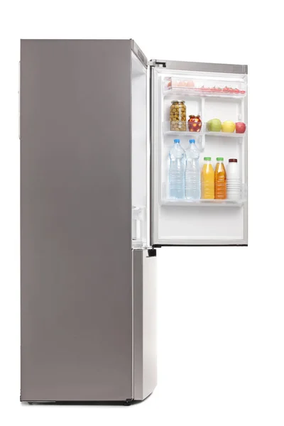 Side Shot Fridge Open Door Food Drinks Isolated White Background — Stock Photo, Image