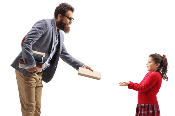 Erkek Öğretmen Beyaz Arka Planda Izole Edilmiş Küçük Bir Kıza — Stok fotoğraf