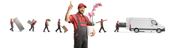 Courier Orchid Flower Pot Pointing Movers Carying Items Van Isolated — Stock Photo, Image