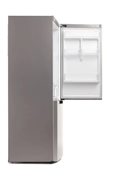 Side Shot Empty Fridge Open Door Isolated White Background — Stock Photo, Image