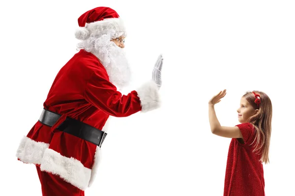 Papai Noel Gesticulando Alta Cinco Com Uma Menina Vestido Vermelho — Fotografia de Stock