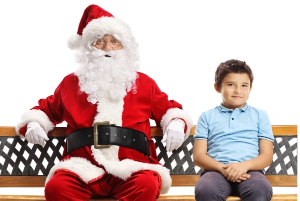 Babbo Natale Sorridente Seduto Una Panchina Con Ragazzo Isolato Sfondo — Foto Stock