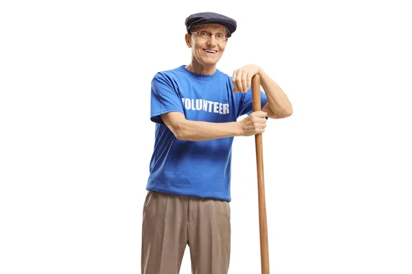 Cheerful Elderly Man Volunteering Shovel Isolated White Background — Stock Photo, Image