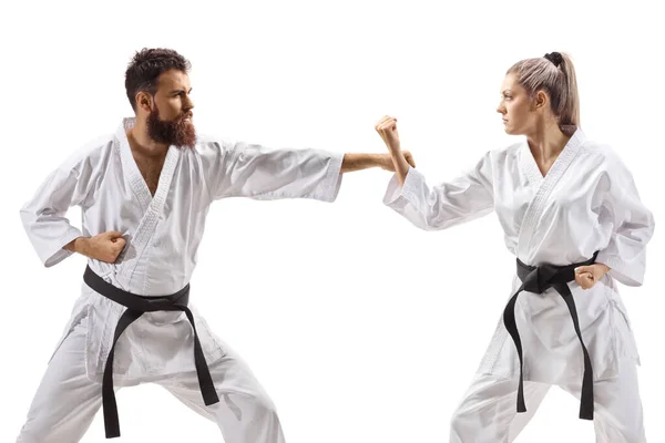 Man Och Kvinna Utövar Karate Isolerad Vit Bakgrund — Stockfoto