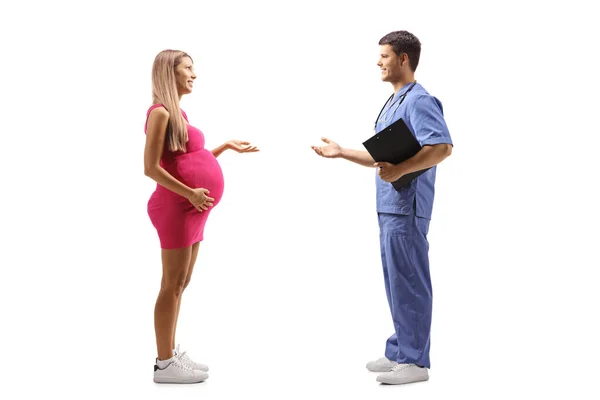 Full Length Profile Shot Doctor Blue Uniform Having Conversation Young — Stock Photo, Image