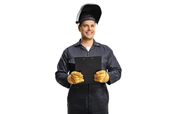 用白色背景隔离的剪贴板固定在制服上的焊机 — 图库照片