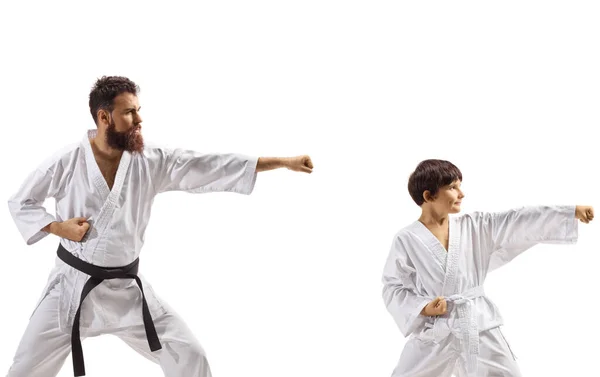 Lärare Och Pojke Öva Karate Kata Isolerad Vit Bakgrund — Stockfoto