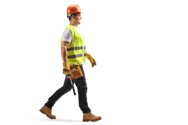 Full Length Profile Shot Construction Worker Helmet Tool Belt Walking — Stock Photo, Image