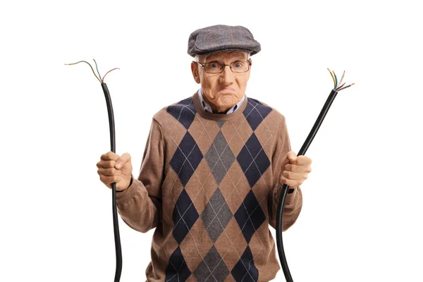 Grumpy Elderly Man Broken Cable Isolated White Background — Stock Photo, Image