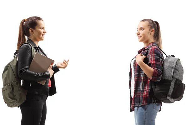 Kvinnliga Studenter Talar Isolerad Vit Bakgrund — Stockfoto