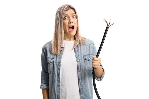 Angry Displeased Young Woman Holding Broken Cable Isolated White Background — Stock Photo, Image