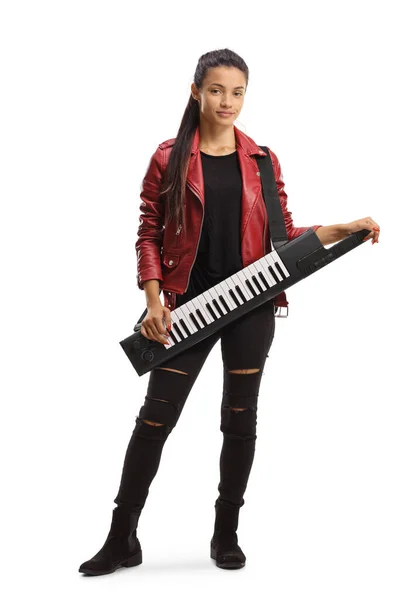 Young Female Leather Jacket Keytar Music Instrument Isolated White Background — Stock Photo, Image