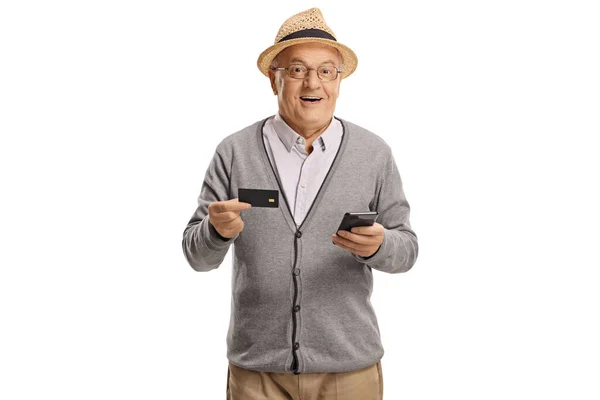 Oudere Man Met Een Mobiele Telefoon Een Creditcard Geïsoleerd Witte — Stockfoto