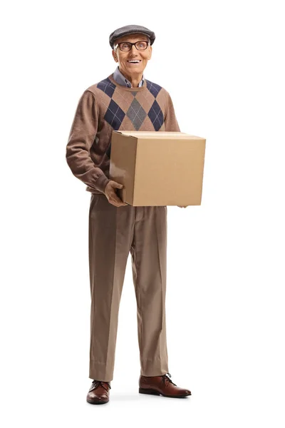 Plně Dlouhý Portrét Staršího Muže Držícího Kartónovou Krabici Izolovanou Bílém — Stock fotografie
