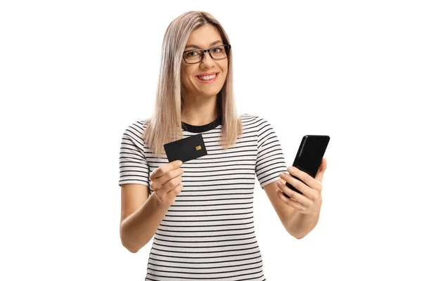 Młoda Kobieta Płaci Online Kartą Kredytową Białym Tle — Zdjęcie stockowe