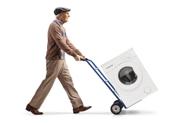 Full Length Profile Shot Elderly Man Pushing Washing Machine Hand — Stock Photo, Image