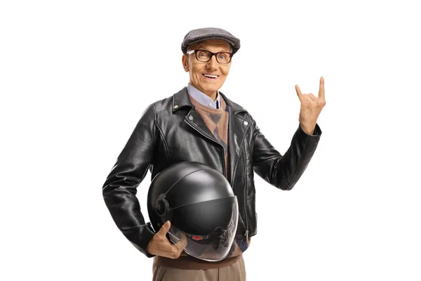 Elderly Man Leather Jacket Holding Helmet Gesturing Rock Roll Sign — Stock Photo, Image