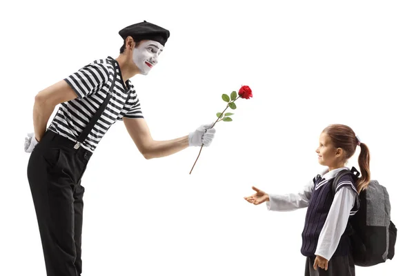 Mime Actor Giving Red Rose Schoolgirl Isolated White Background — Stock Photo, Image
