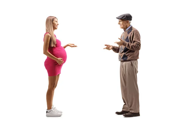 Full Length Profile Shot Pregnant Woman Cheerful Elderly Man Having — Stock Photo, Image