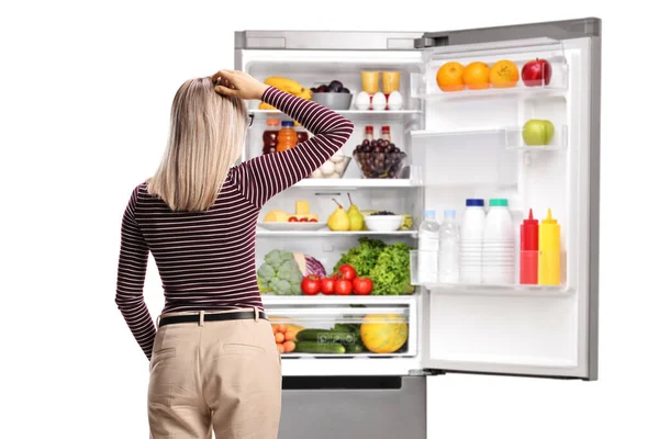 Rear View Woman Standing Front Open Fridge Vaiety Food Isolated — Stock Photo, Image