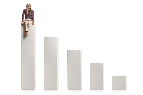 Scared Young Woman Sitting Tallest White Column Looking Isolated White — Stock Photo, Image