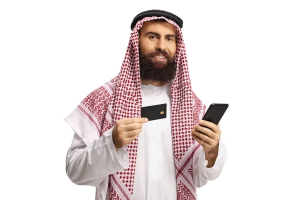 Saoedi Arabische Man Met Behulp Van Een Creditcard Een Mobiele — Stockfoto