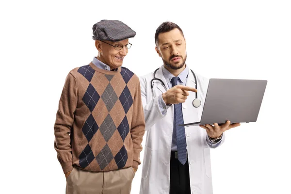 Doctor Elderly Patient Holding Laptop Computer Pointing Screen Isolated White Stock Image