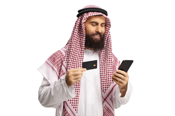 Саудівський Араб Використовує Кредитну Картку Мобільним Телефоном Ізольованим Білому Тлі — стокове фото