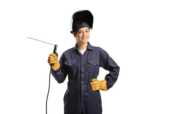 Joven Soldadora Femenina Uniforme Con Soldadora Casco Aislado Sobre Fondo —  Fotos de Stock